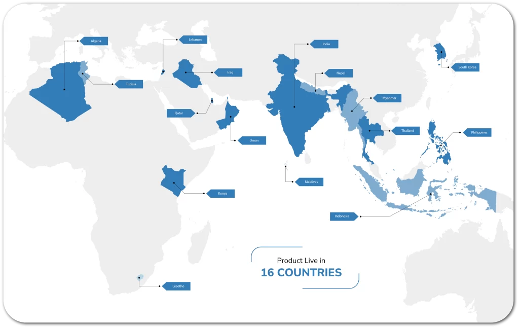 World map showing 16 countries where 6thEnergy IoT solutions are live
