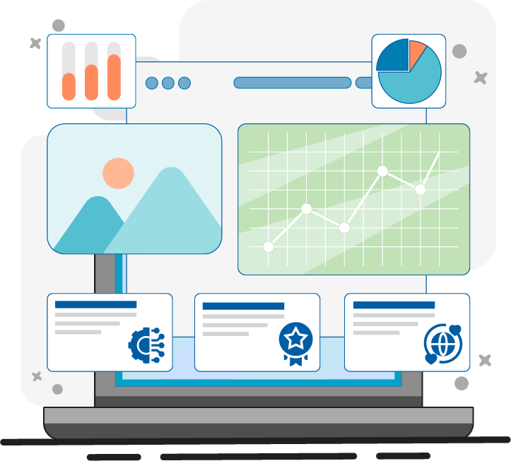 Data analytics dashboard illustration with charts and performance metrics on a laptop screen