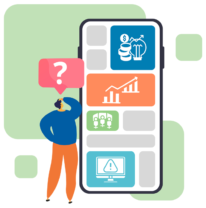 Mobile app dashboard featuring financial growth, analytics, teamwork, and alert icons.